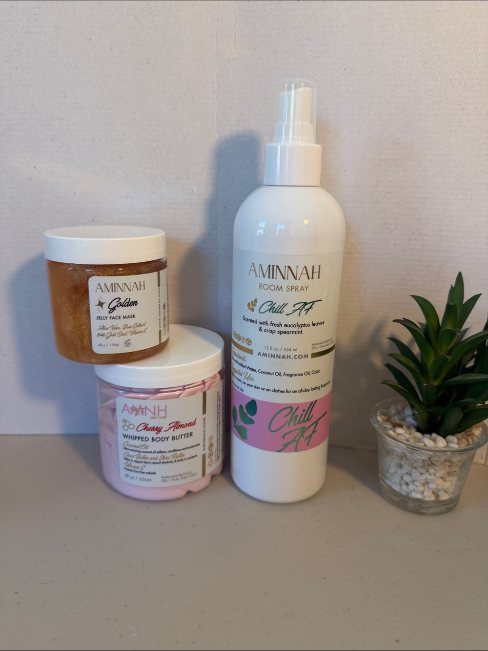 #1 Aminnah Bundle 
Jelly Face Mask 
Cherry Almond Body Butter 
Chill AF Spray